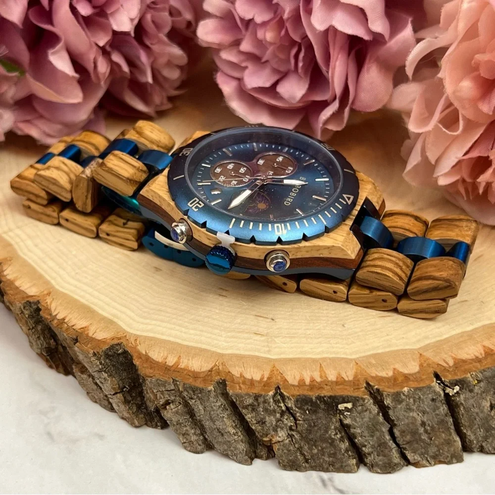 Luxury Zebra Wood Blue Chronograph Military Quartz Watch - Picture 12 of 16